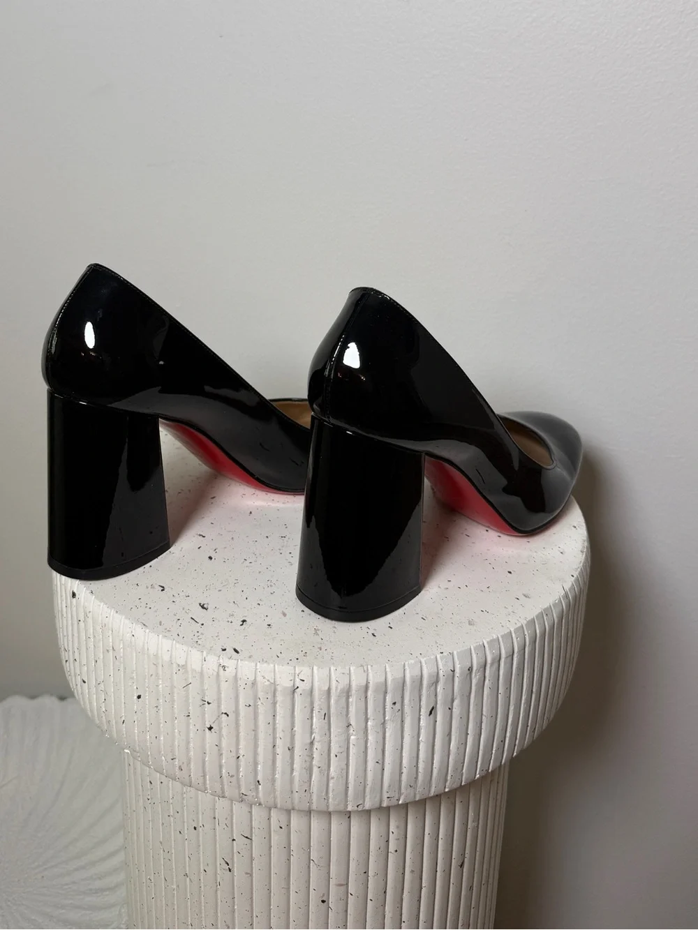Christian Louboutin Black Patent Round Toe Block Heel Pumps with Red Sole - Picture 5 of 9